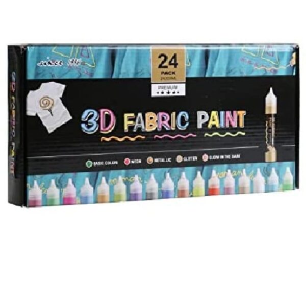 3D Fabric Paint, Set of 24, Metallic & Glitter Colors, Glow-in-The-Dark & Vibrant Shades, Textile Paint for Clothing, Accessories, Ceramic & Glass