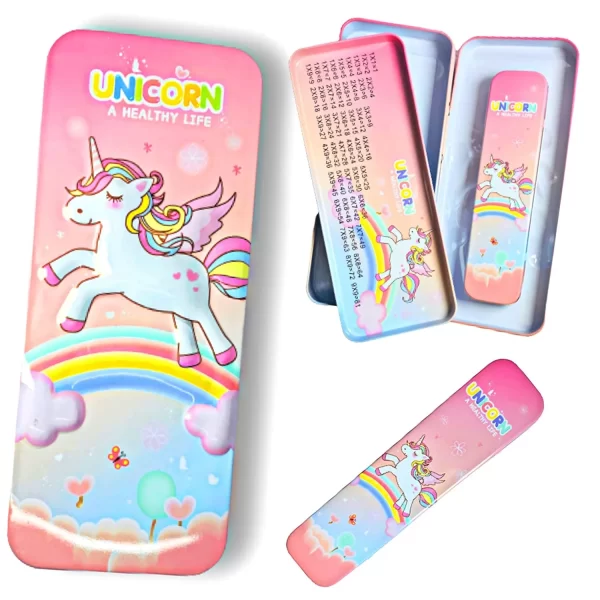 2 in 1 Unicorn Metal Pencil Box Double Compartment – Pink, Set of 12 Pcs